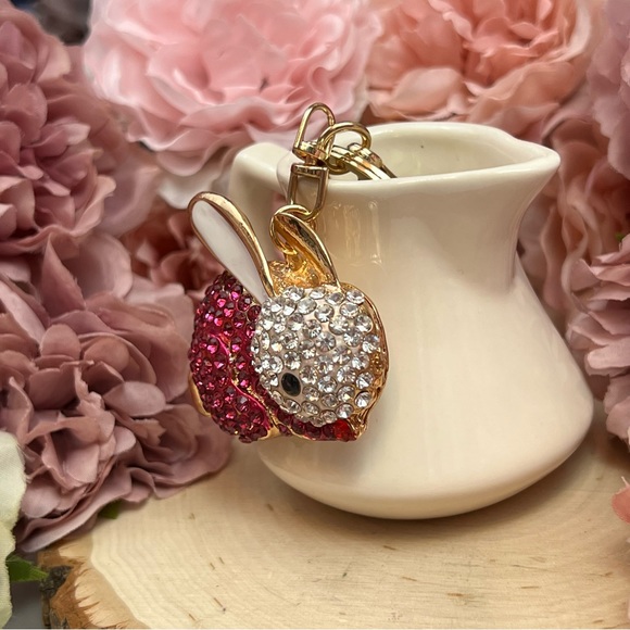 Hot Pink and Silver Crystal Bunny Rabbit Keychain Charm - Picture 4 of 14